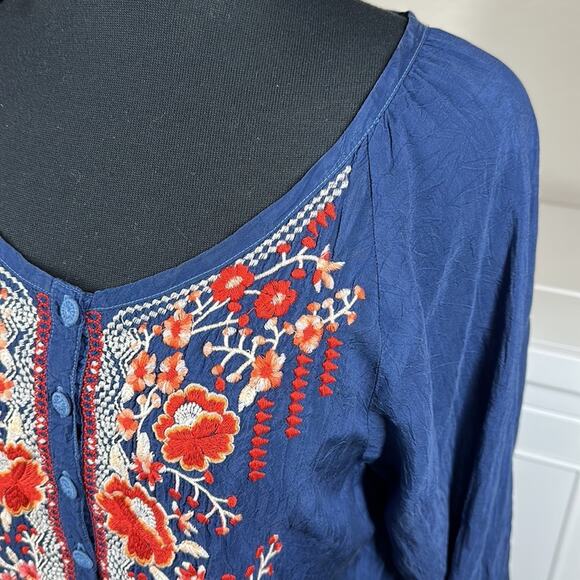Johnny Was Embroidered Olivia Blouse Tunic Top 3/4 Sleeve Blue Floral Boho XS - Picture 6 of 14